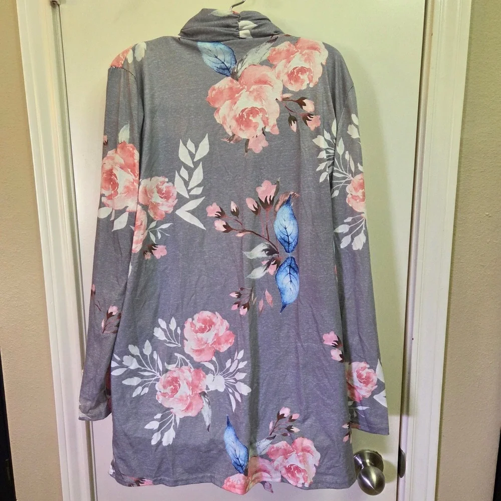 Pink Rose Floral Open Front Cardigan Gray Long Sleeve Shawl Collar Size L